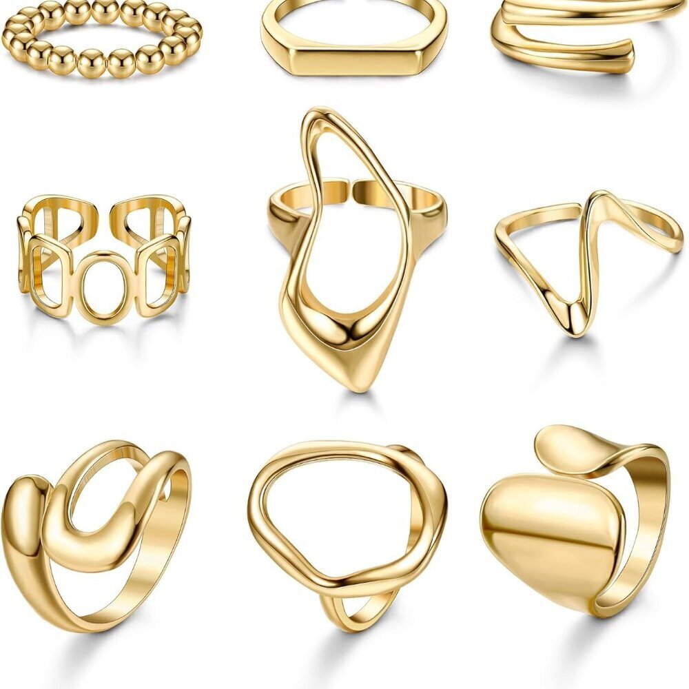 9 Pcs Gold Chunky Rings for Women 18K Gold Plated Ring Set Dome Thick Open Rings